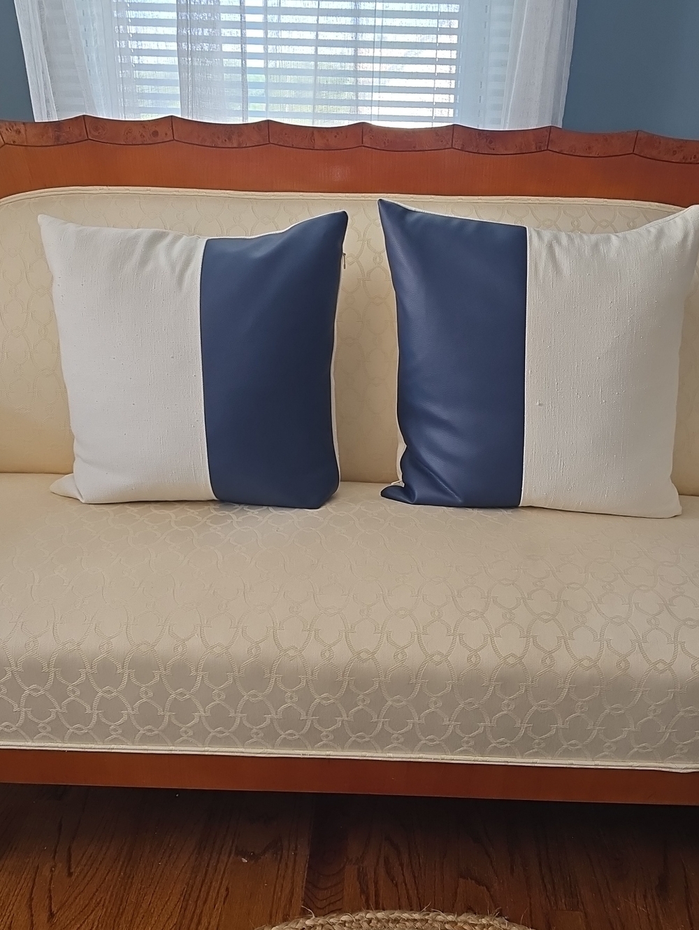 Two-Tone  Linen And Faux Leather Cream and Navy Accent Pillow Pair